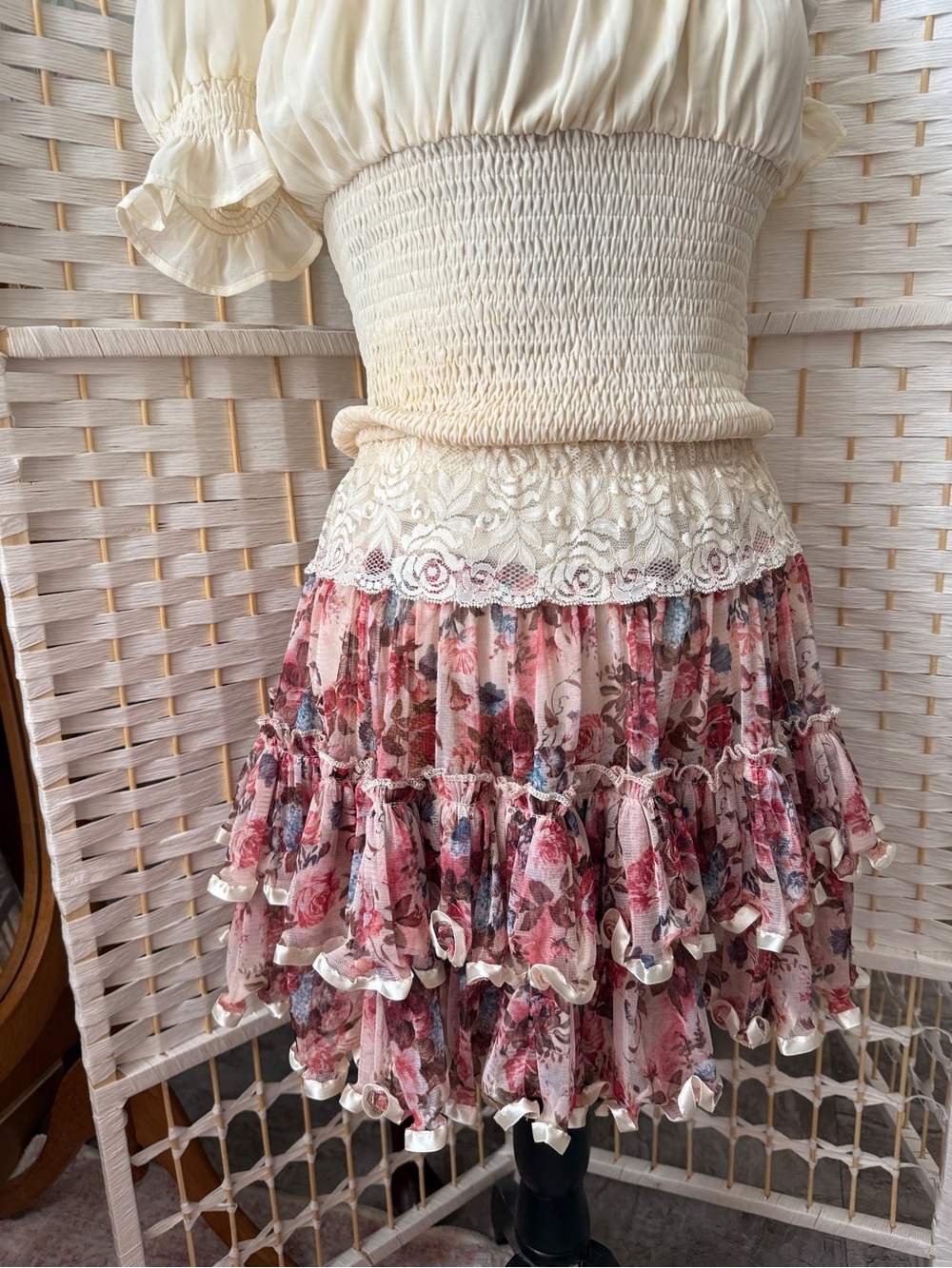 Shabby-Chic Floral Ruffle Mini Skirt